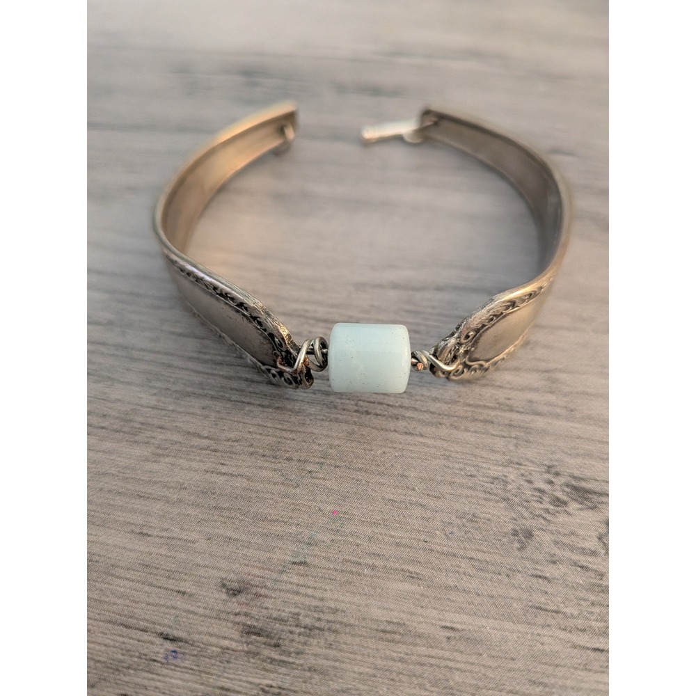 Vintage Upcycled Spoon Handle Bangle Bracelet Blue Bead Toggle Clasp Boho Silver